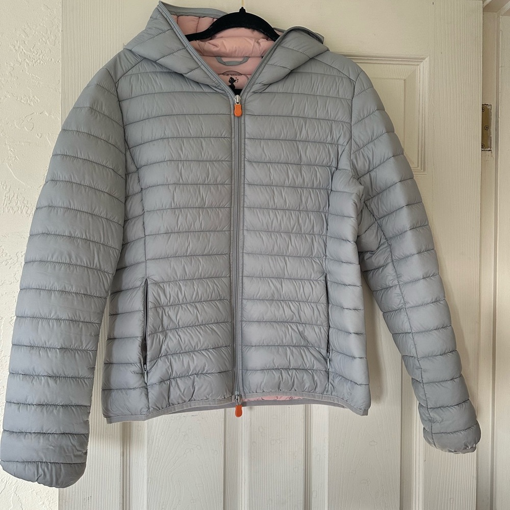 Save The Duck Giga Gray Pink Hooded Puffer Jacket